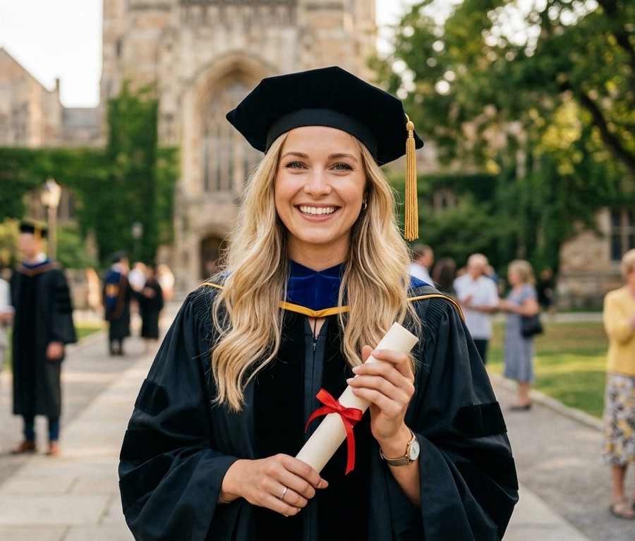 Absolventinnen und Absolventen mit Doktorhut und Urkunde vor einem Universitätsgebäude