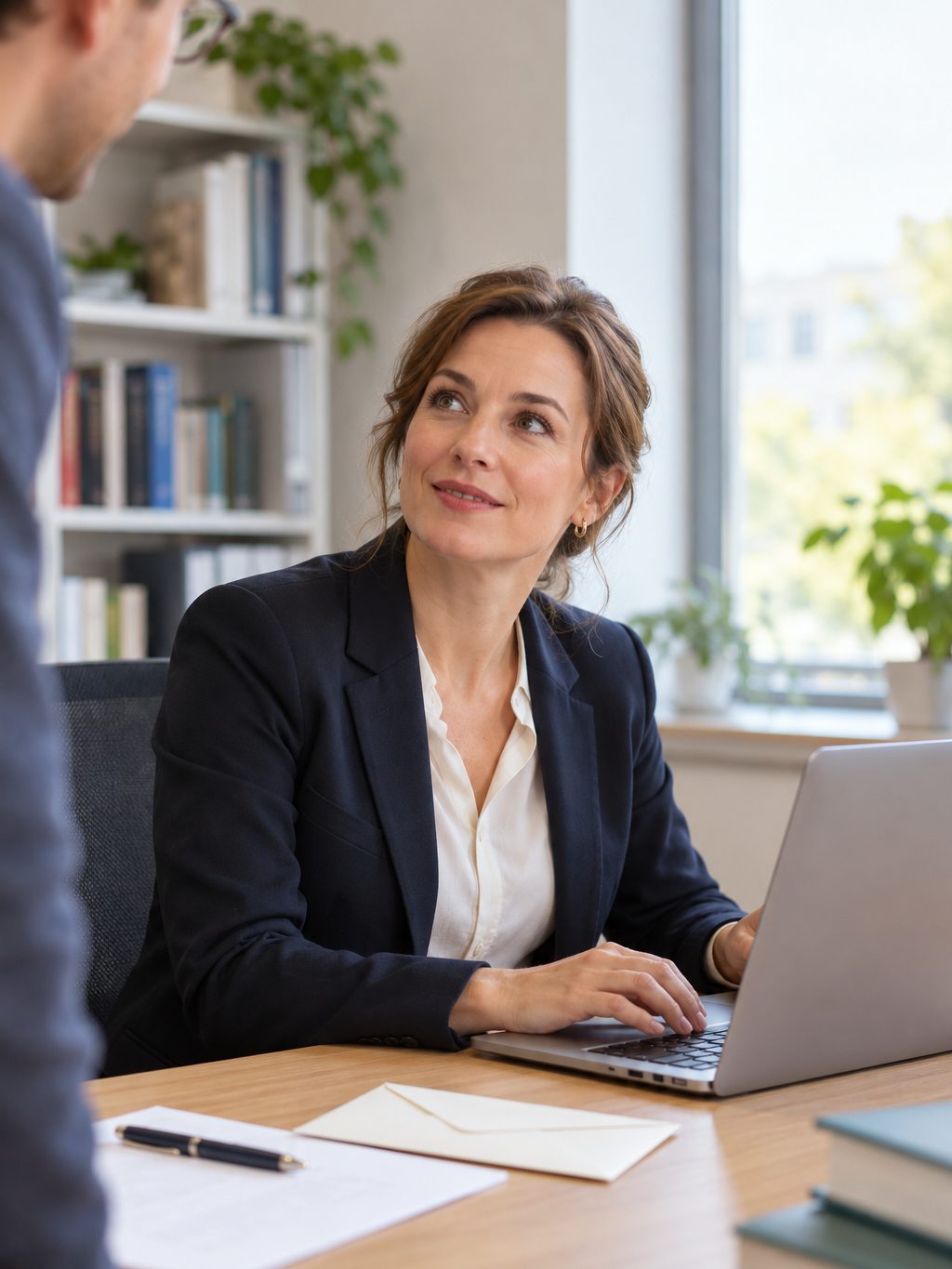 Eine Frau sitzt am Laptop und blickt zu einem Kollegen auf, vor ihr liegen ein Briefumschlag und ein Stift