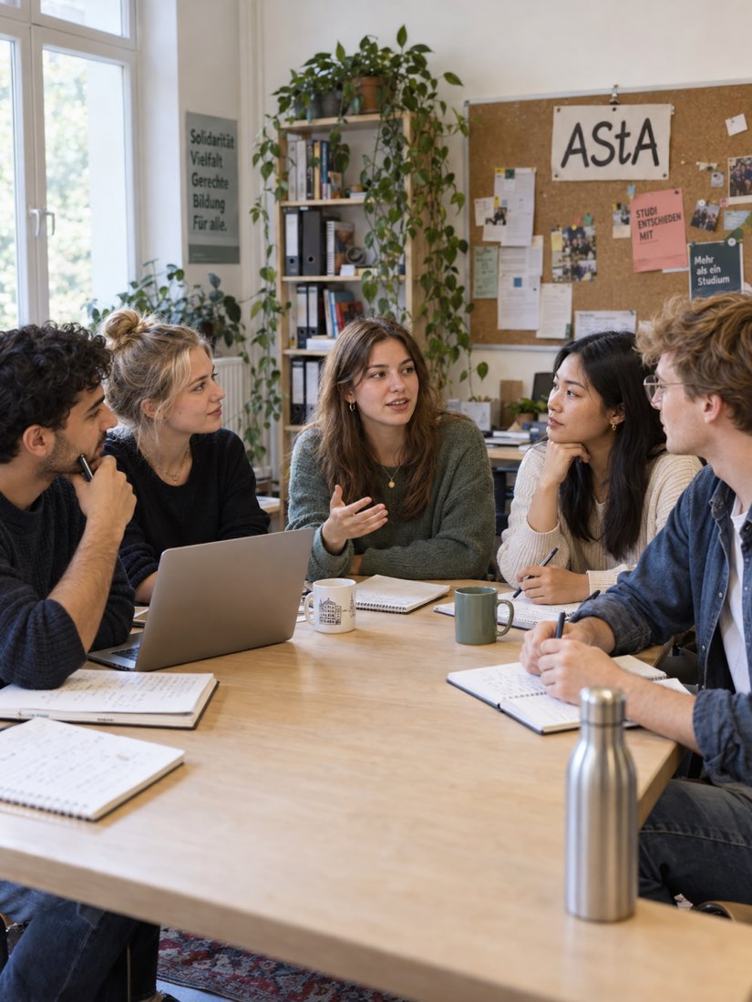 Fünf Studierende sitzen im AStA-Büro an einem langen Tisch mit Laptop und Notizbüchern und besprechen etwas; an der Pinnwand hinter ihnen das Schild „AStA“ und Plakate