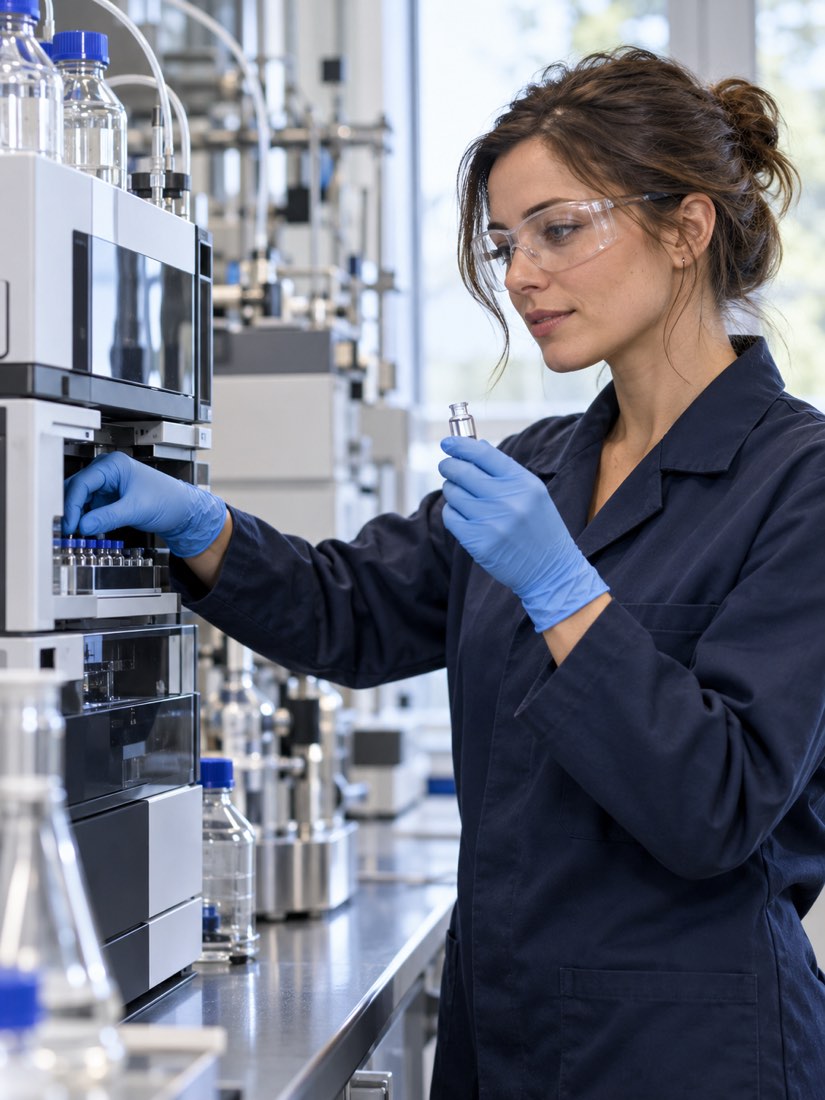 Laborantin setzt im Labor eine Probe in ein Analysegerät ein