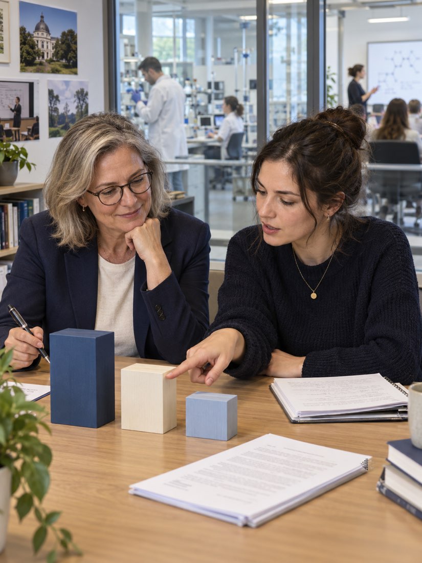 Eine Betreuerin und eine Doktorandin besprechen am Tisch Bausteine unterschiedlicher Größe als Bild für Stellenanteile