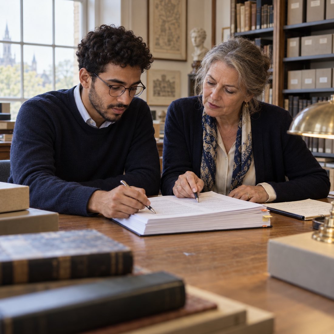 Zwei Personen besprechen an einem Bibliothekstisch ein Manuskript mit Anmerkungen