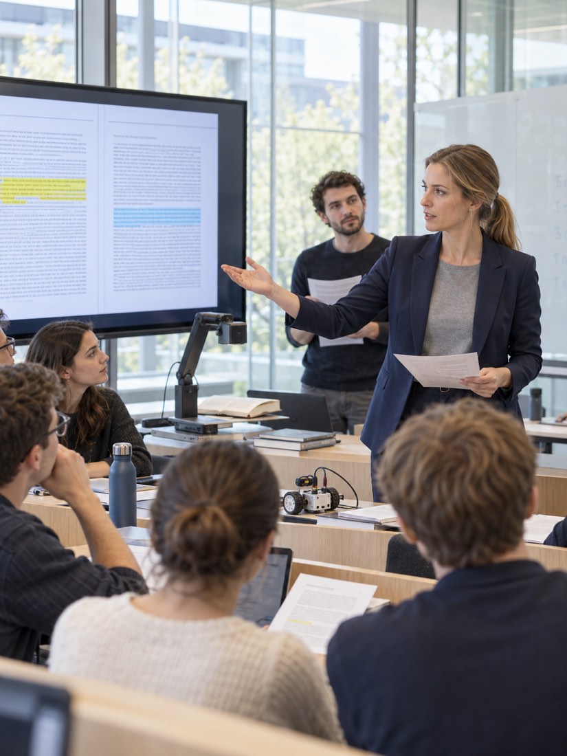 Eine Dozentin leitet eine Lehrveranstaltung an einer Hochschule