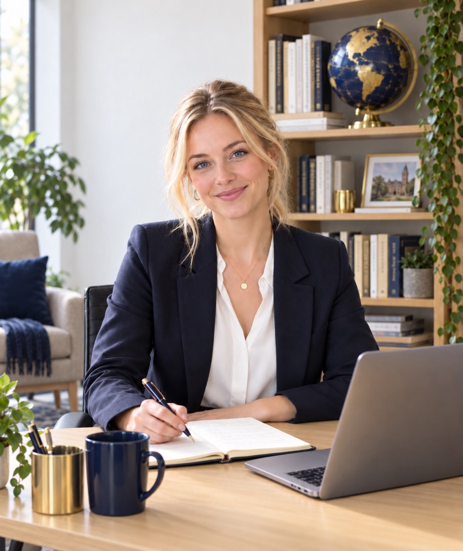 Eine junge Wissenschaftlerin mit Laptop und Unterlagen an einem Arbeitstisch