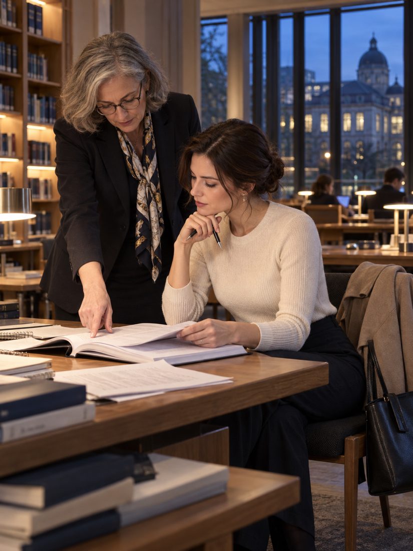 Betreuerin bespricht am Abend in der Bibliothek die Dissertation einer berufstätigen Doktorandin