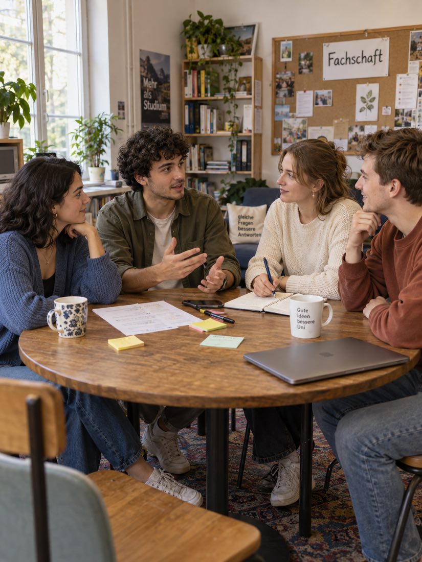 Vier Studierende sitzen im Fachschaftsraum um einen runden Tisch mit Notizen, Laptop und Kaffeebechern; einer erklärt etwas, eine schreibt mit, hinter ihnen eine Pinnwand mit dem Schild „Fachschaft“