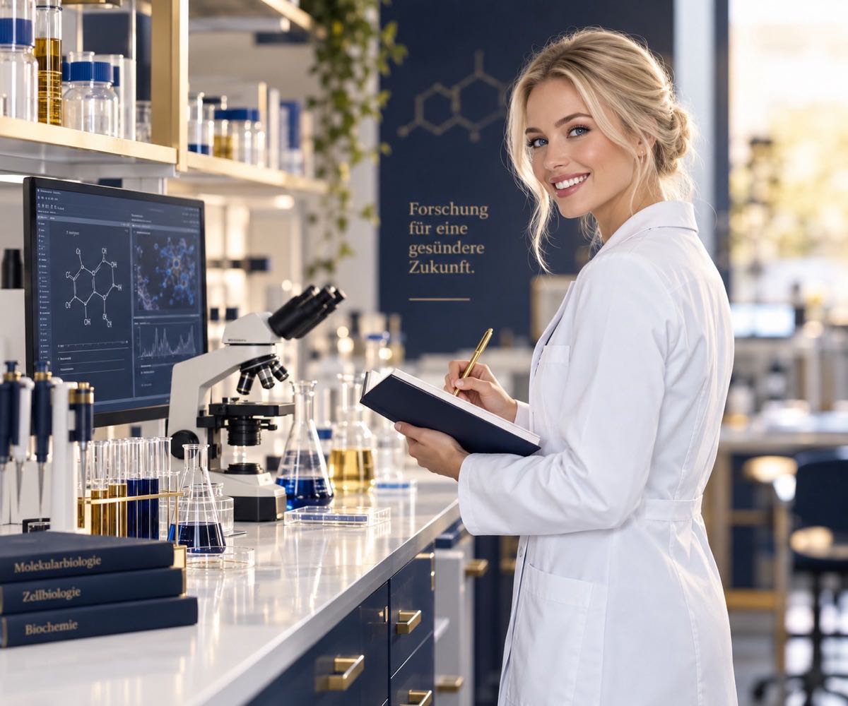 Eine Wissenschaftlerin im Laborkittel notiert etwas in ein Heft, neben ihr Mikroskop, Bildschirm und Laborgeräte