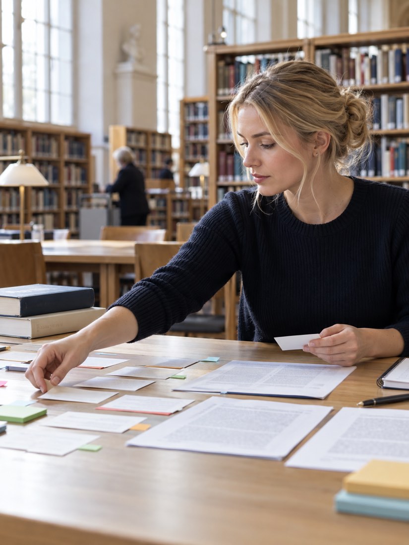 Eine Wissenschaftlerin ordnet in einer Bibliothek Notizzettel und ausgedruckte Artikel auf einem langen Holztisch