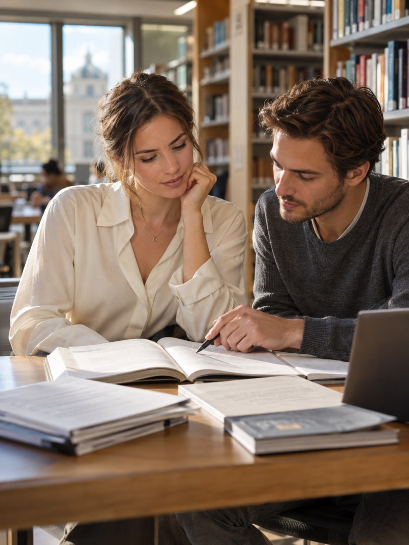 Zwei Forschende sitzen am Bibliothekstisch über aufgeschlagenen Manuskripten und Fachaufsätzen