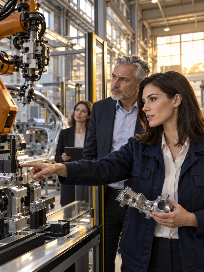 Junge Ingenieurin erklärt in einer Fertigungshalle mit Industrieroboter ein Bauteil, hinter ihr ein Kollege und eine Kollegin mit Tablet