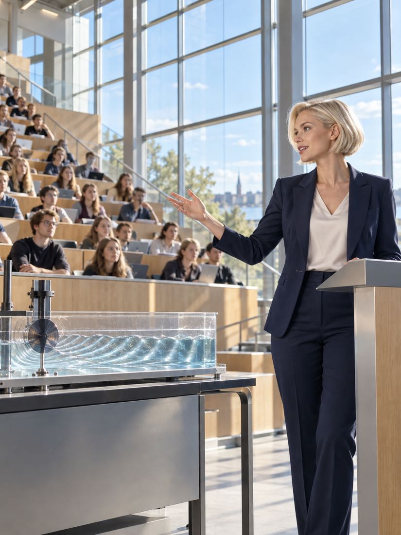 Junge Professorin hält eine Vorlesung im Hörsaal mit einem Versuchsaufbau