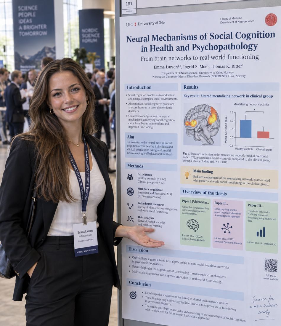 Eine Doktorandin steht auf einer Fachkonferenz neben ihrem Poster, das die Aufsätze ihrer kumulativen Dissertation als Paper I bis III zeigt