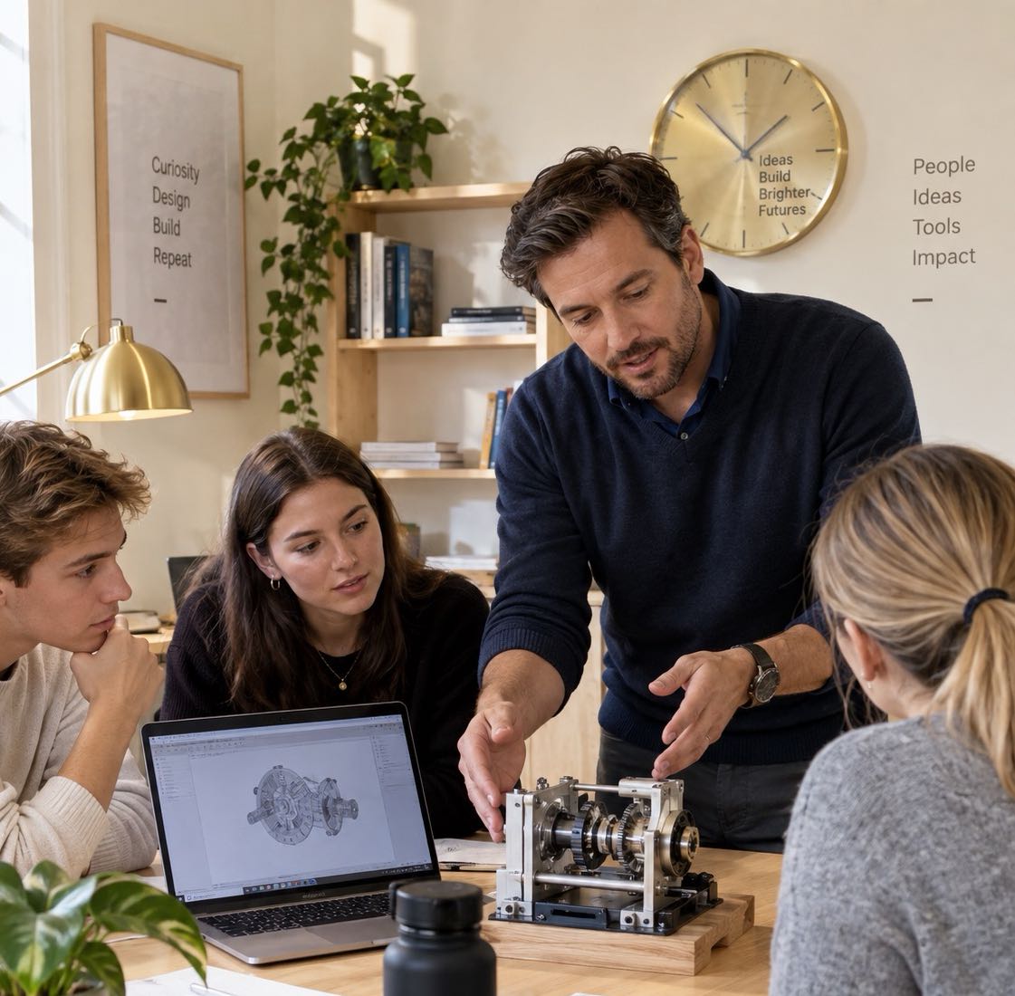 Ein Dozent erklärt drei Studierenden am Tisch ein Getriebemodell, daneben ein Laptop mit der Konstruktionszeichnung