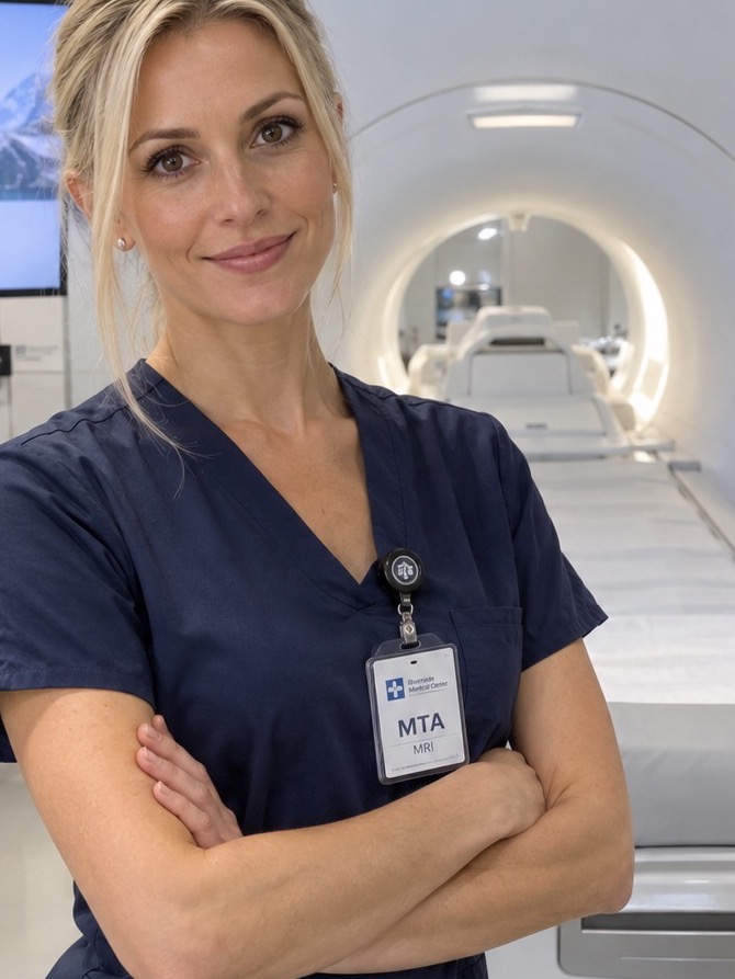 Eine Medizinische Technologin für Radiologie in dunkelblauer Dienstkleidung vor einem MRT-Gerät