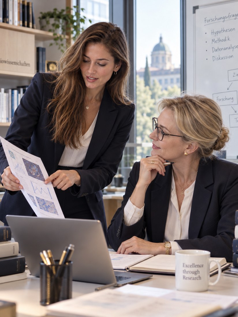 Zwei Wissenschaftlerinnen besprechen am Schreibtisch ein Manuskript mit Diagrammen, umgeben von Fachbüchern