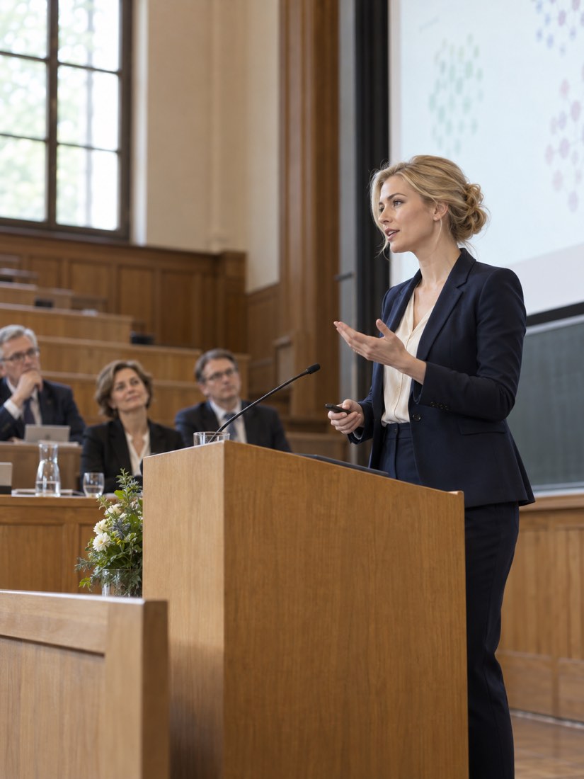 Wissenschaftlerin hält einen Vortrag vor einer Kommission
