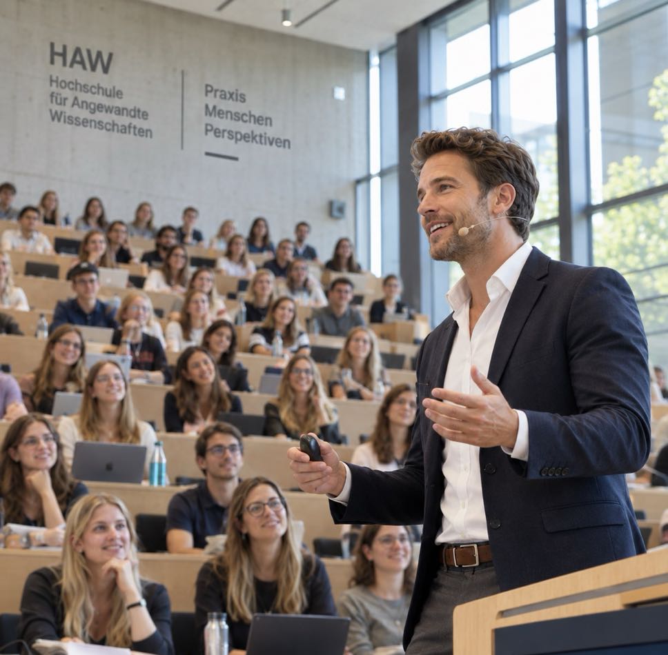 Professor hält eine Vorlesung im Hörsaal einer Hochschule für angewandte Wissenschaften
