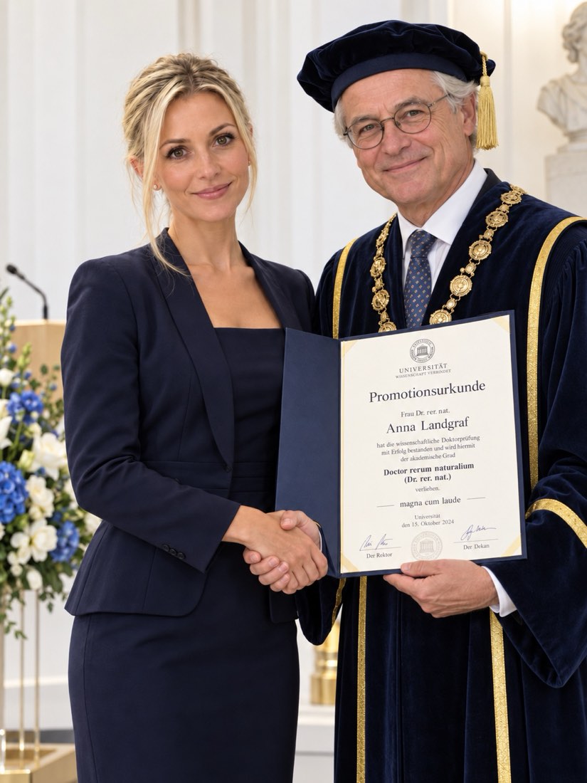 Eine frisch promovierte Doktorandin und der Rektor mit Amtskette reichen sich die Hand; er hält die Promotionsurkunde mit der Note magna cum laude