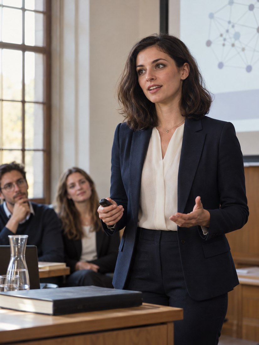 Eine Doktorandin trägt in einem ruhigen Seminarraum ihre Ergebnisse vor, zwei Zuhörende folgen aufmerksam