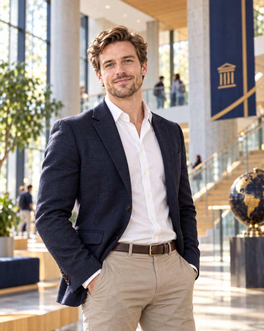 Ein Wissenschaftler steht im Foyer einer Universität, im Hintergrund ein Banner mit Hochschulsymbol