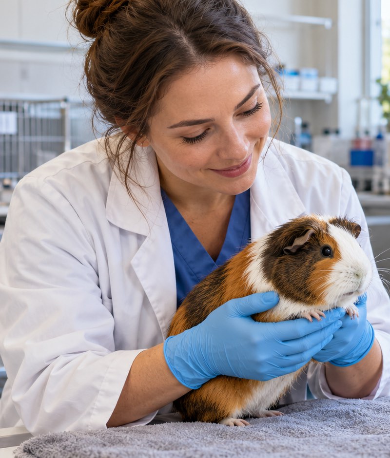 Symbolbild: Tierpflegerin versorgt ein Meerschweinchen in einer universitären Ausbildungsumgebung