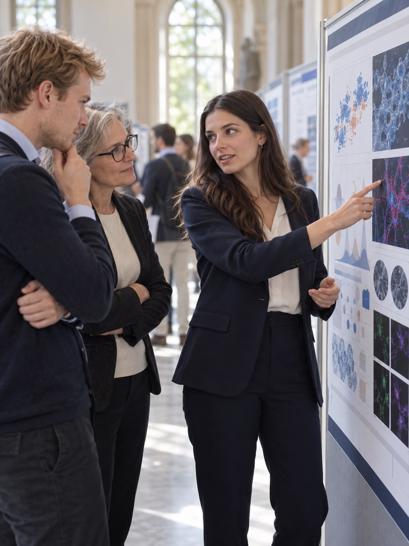 Eine junge Forscherin zeigt in einer Postersession auf ihr Poster, zwei Zuhörende hören aufmerksam zu