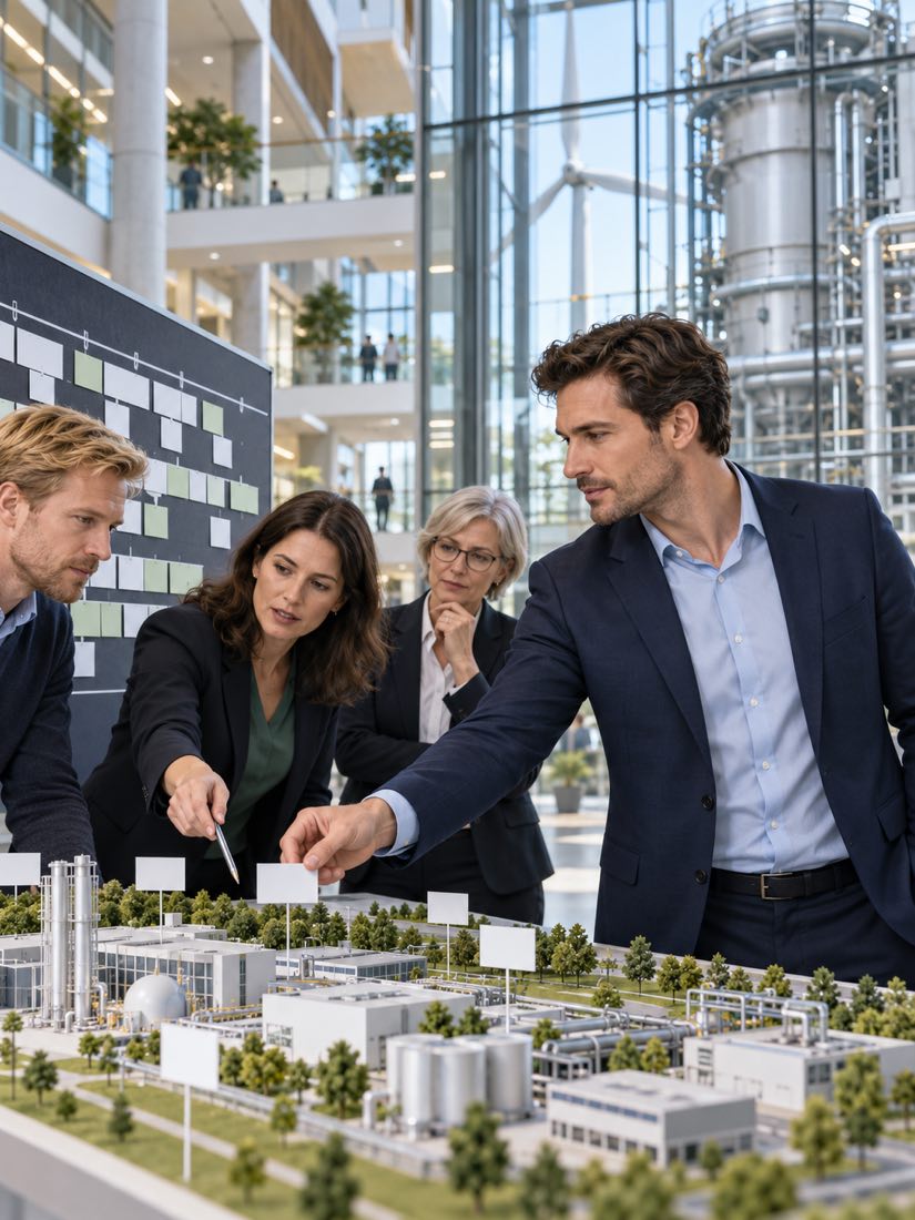 Ein Team bespricht die Planung an einem Modell einer technischen Anlage