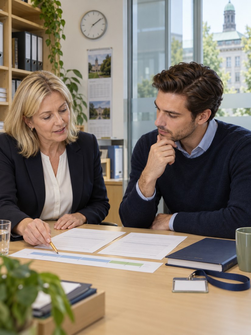 Eine Beraterin geht mit einem jungen Wissenschaftler seine Vertragszeiten auf einem Zeitstrahl durch